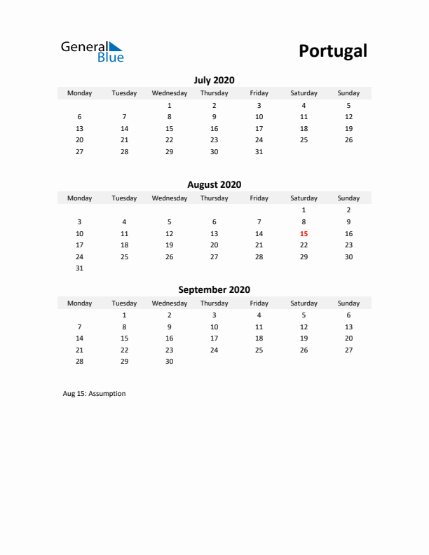 Printable Quarterly Calendar with Notes and Portugal Holidays- Q3 of 2020