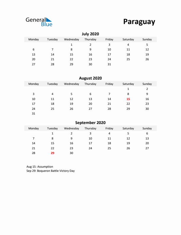 Printable Quarterly Calendar with Notes and Paraguay Holidays- Q3 of 2020