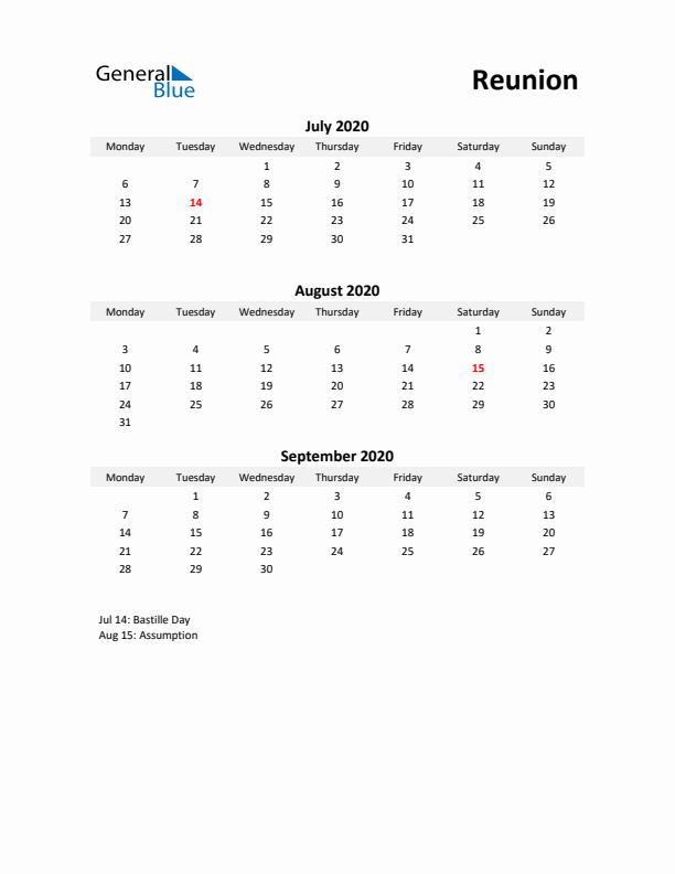 Printable Quarterly Calendar with Notes and Reunion Holidays- Q3 of 2020