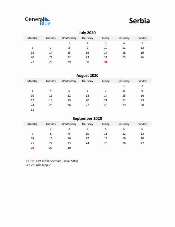 Printable Quarterly Calendar with Notes and Serbia Holidays- Q3 of 2020