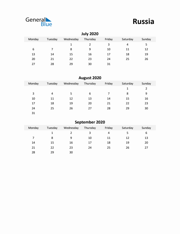 Printable Quarterly Calendar with Notes and Russia Holidays- Q3 of 2020