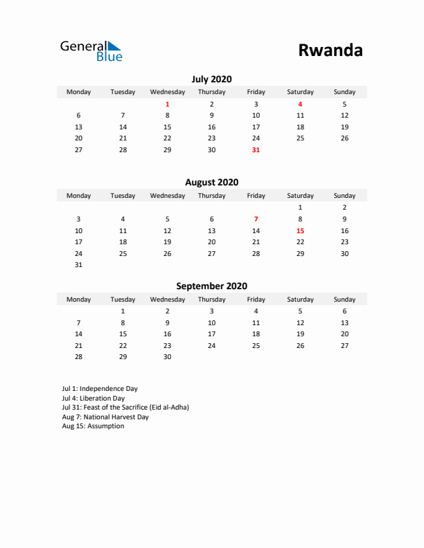 Printable Quarterly Calendar with Notes and Rwanda Holidays- Q3 of 2020