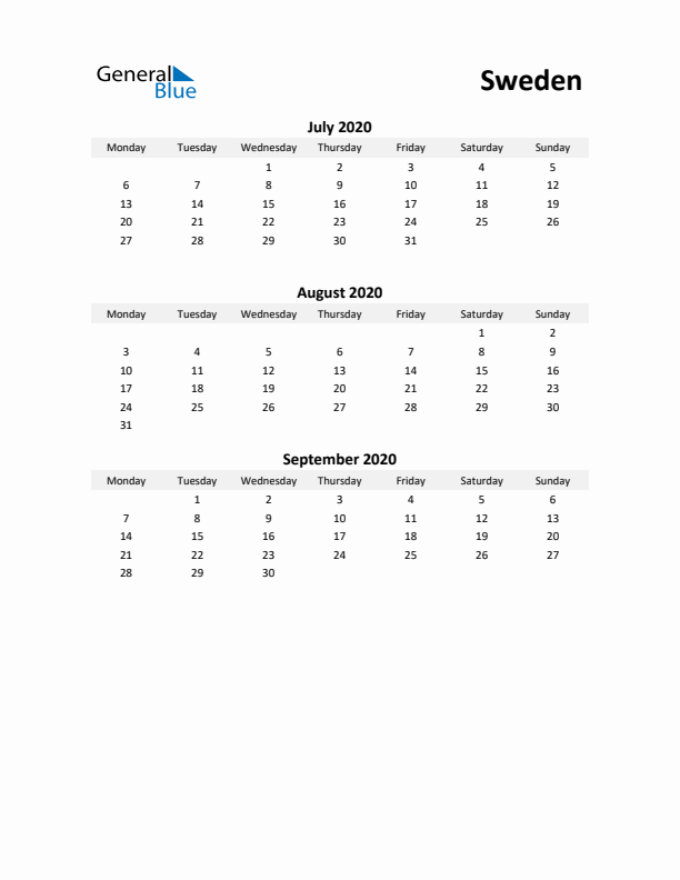 Printable Quarterly Calendar with Notes and Sweden Holidays- Q3 of 2020