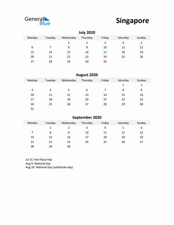 Printable Quarterly Calendar with Notes and Singapore Holidays- Q3 of 2020