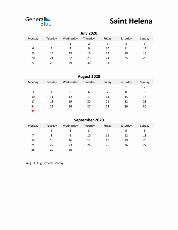 Printable Quarterly Calendar with Notes and Saint Helena Holidays- Q3 of 2020