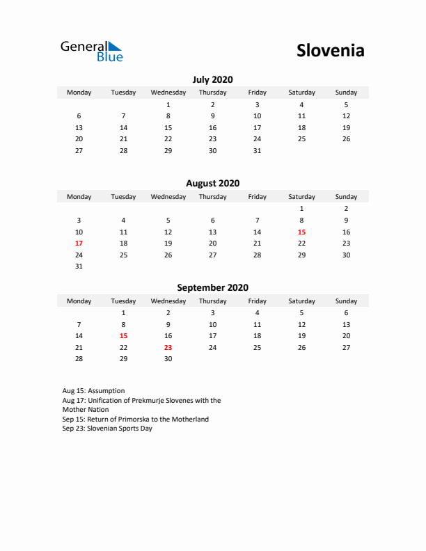 Printable Quarterly Calendar with Notes and Slovenia Holidays- Q3 of 2020