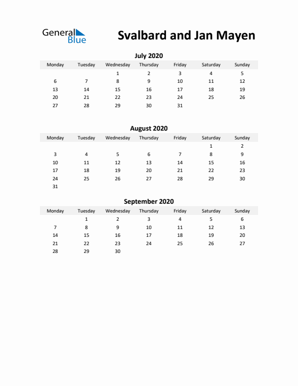 Printable Quarterly Calendar with Notes and Svalbard and Jan Mayen Holidays- Q3 of 2020