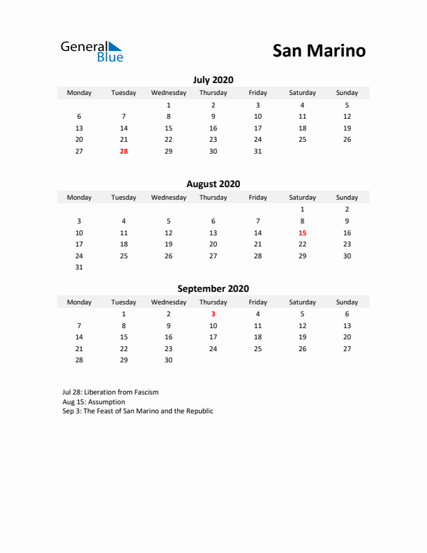 Printable Quarterly Calendar with Notes and San Marino Holidays- Q3 of 2020