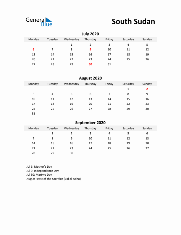 Printable Quarterly Calendar with Notes and South Sudan Holidays- Q3 of 2020