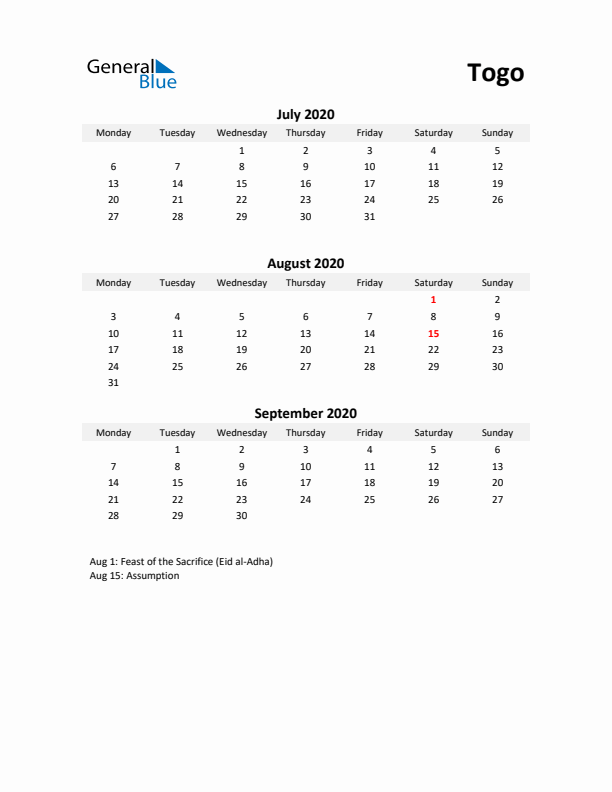 Printable Quarterly Calendar with Notes and Togo Holidays- Q3 of 2020