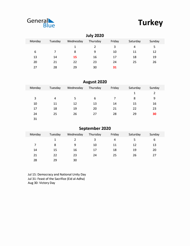 Printable Quarterly Calendar with Notes and Turkey Holidays- Q3 of 2020