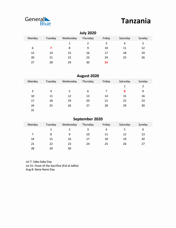 Printable Quarterly Calendar with Notes and Tanzania Holidays- Q3 of 2020