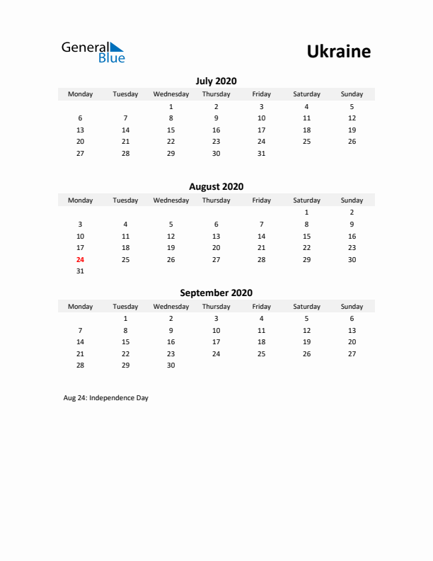 Printable Quarterly Calendar with Notes and Ukraine Holidays- Q3 of 2020