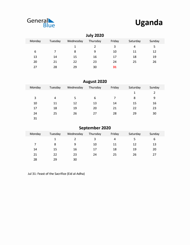 Printable Quarterly Calendar with Notes and Uganda Holidays- Q3 of 2020