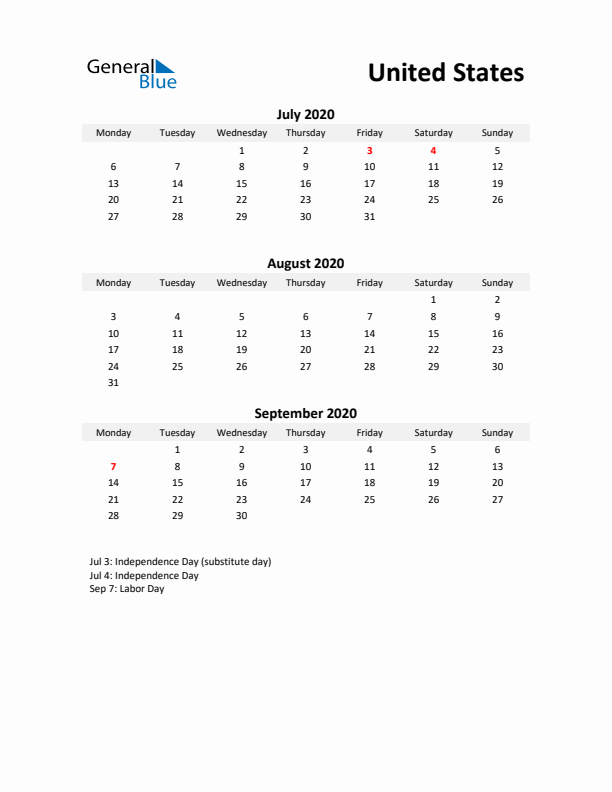 Printable Quarterly Calendar with Notes and United States Holidays- Q3 of 2020