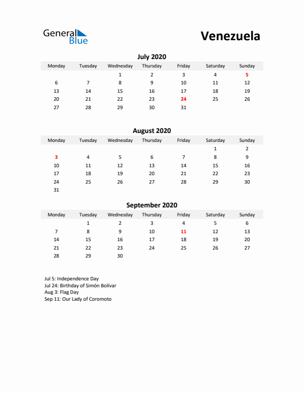 Printable Quarterly Calendar with Notes and Venezuela Holidays- Q3 of 2020