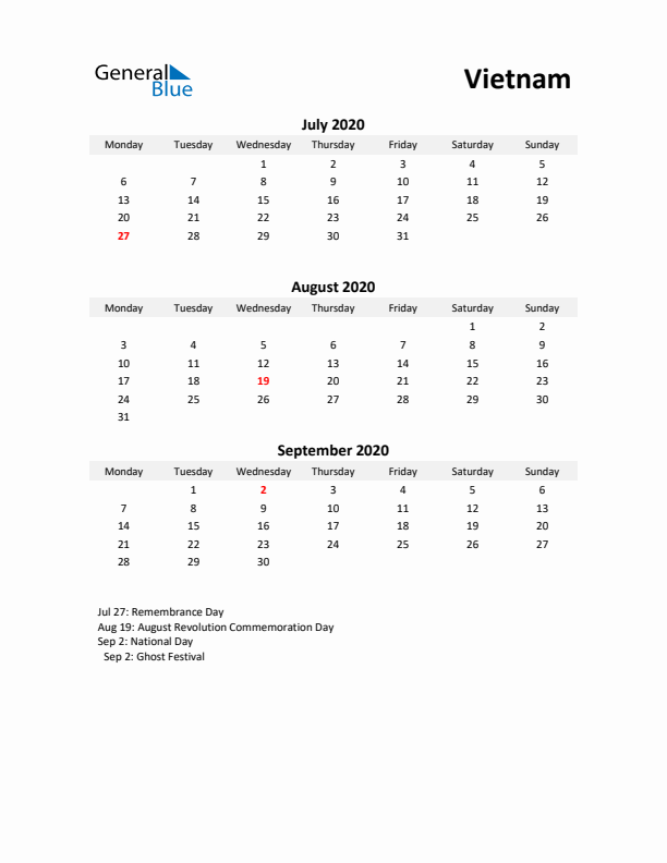 Printable Quarterly Calendar with Notes and Vietnam Holidays- Q3 of 2020