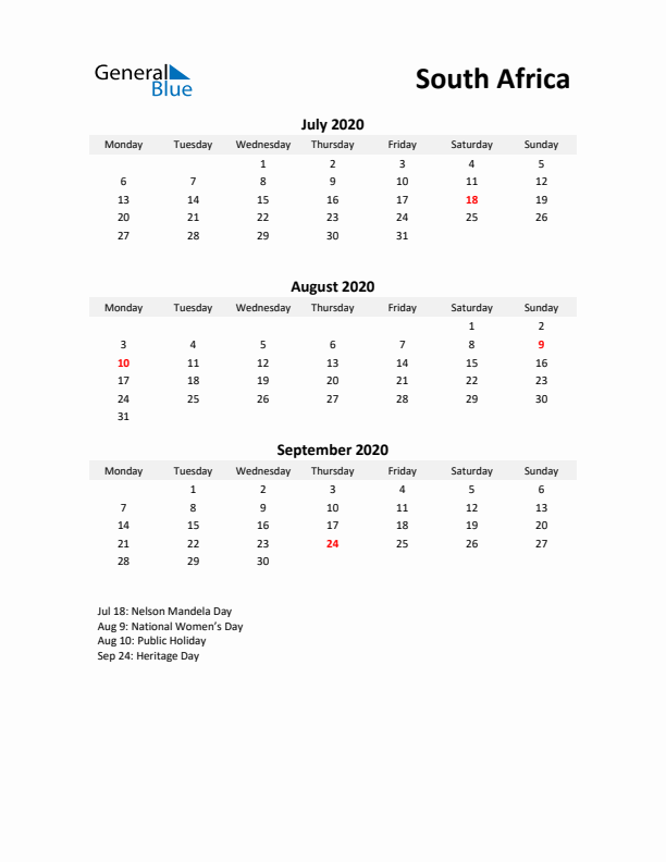 Printable Quarterly Calendar with Notes and South Africa Holidays- Q3 of 2020