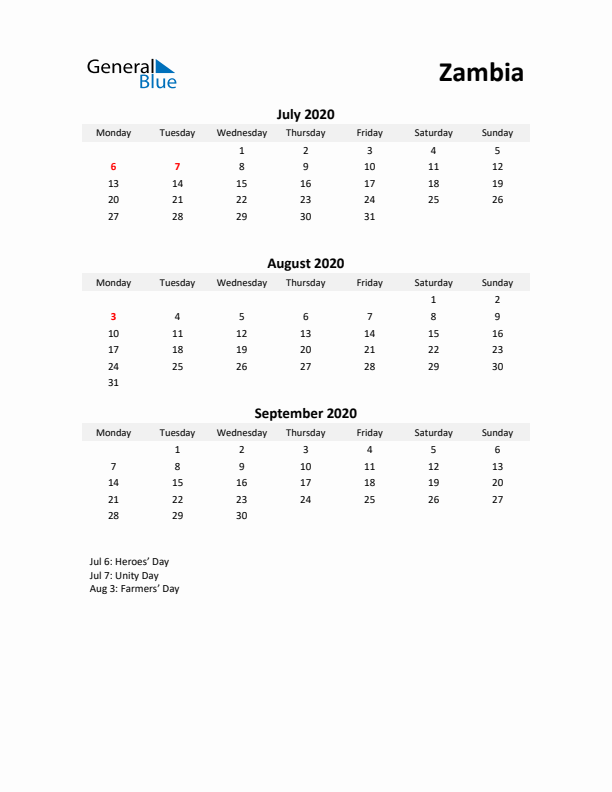 Printable Quarterly Calendar with Notes and Zambia Holidays- Q3 of 2020