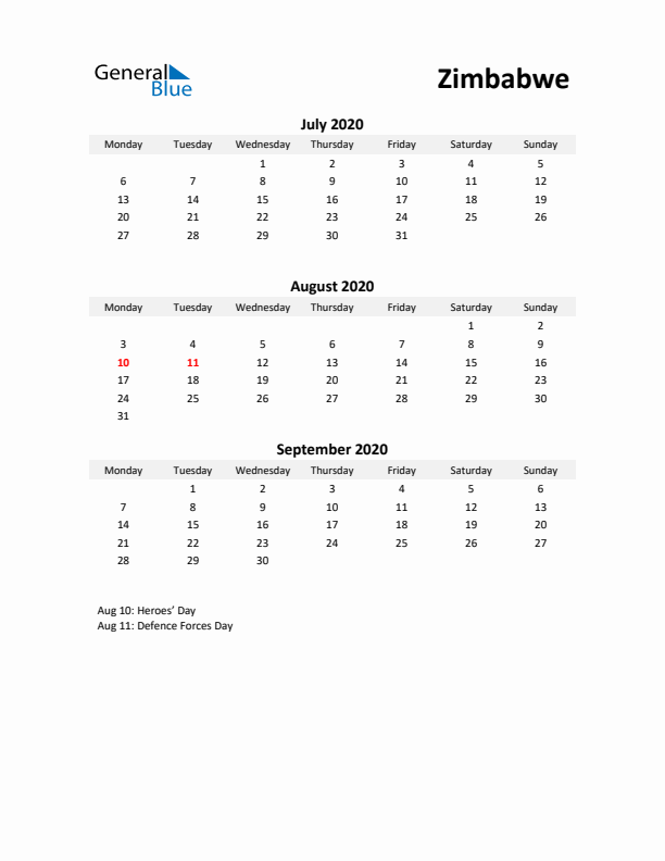 Printable Quarterly Calendar with Notes and Zimbabwe Holidays- Q3 of 2020