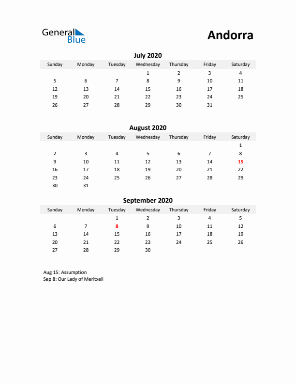 Printable Quarterly Calendar with Notes and Andorra Holidays- Q3 of 2020