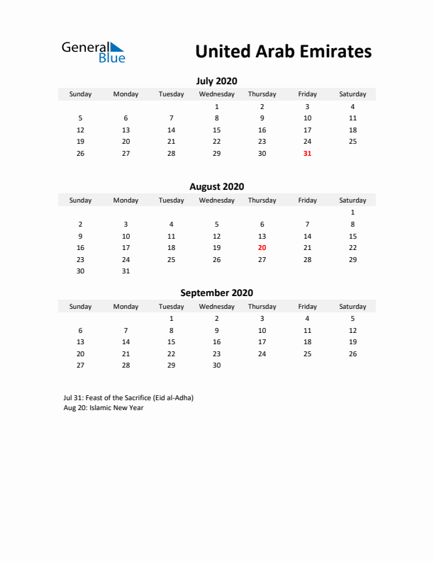 Printable Quarterly Calendar with Notes and United Arab Emirates Holidays- Q3 of 2020