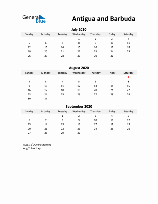 Printable Quarterly Calendar with Notes and Antigua and Barbuda Holidays- Q3 of 2020