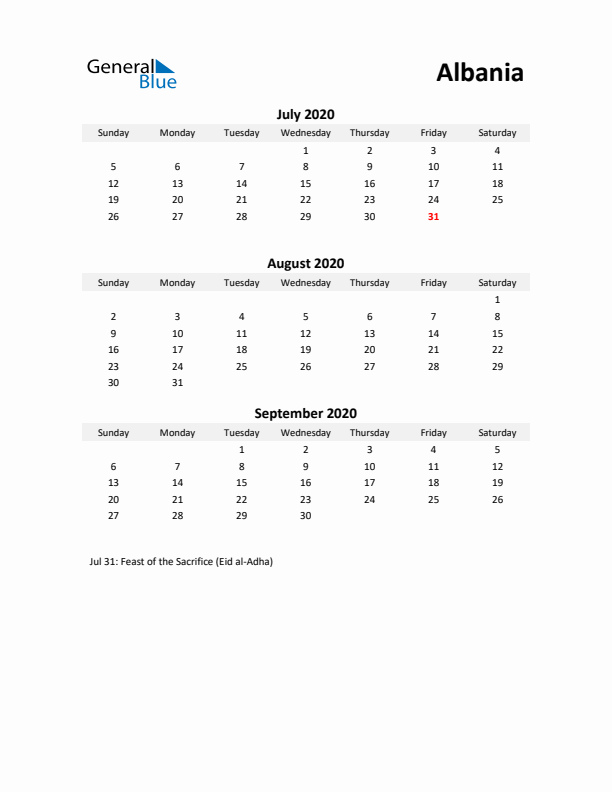 Printable Quarterly Calendar with Notes and Albania Holidays- Q3 of 2020