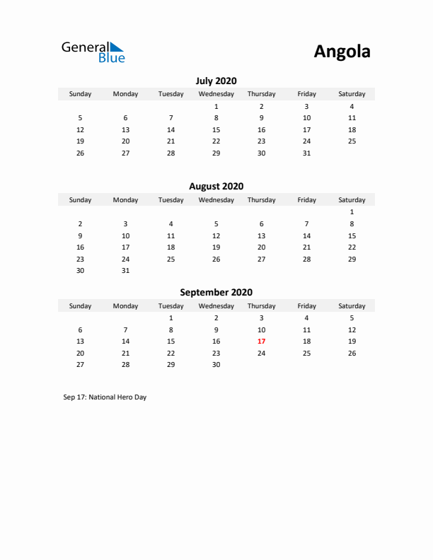 Printable Quarterly Calendar with Notes and Angola Holidays- Q3 of 2020