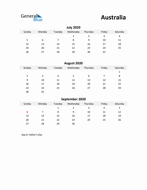 Printable Quarterly Calendar with Notes and Australia Holidays- Q3 of 2020