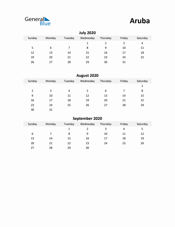 Printable Quarterly Calendar with Notes and Aruba Holidays- Q3 of 2020