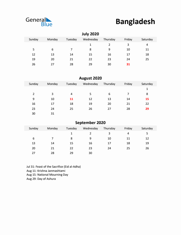 Printable Quarterly Calendar with Notes and Bangladesh Holidays- Q3 of 2020