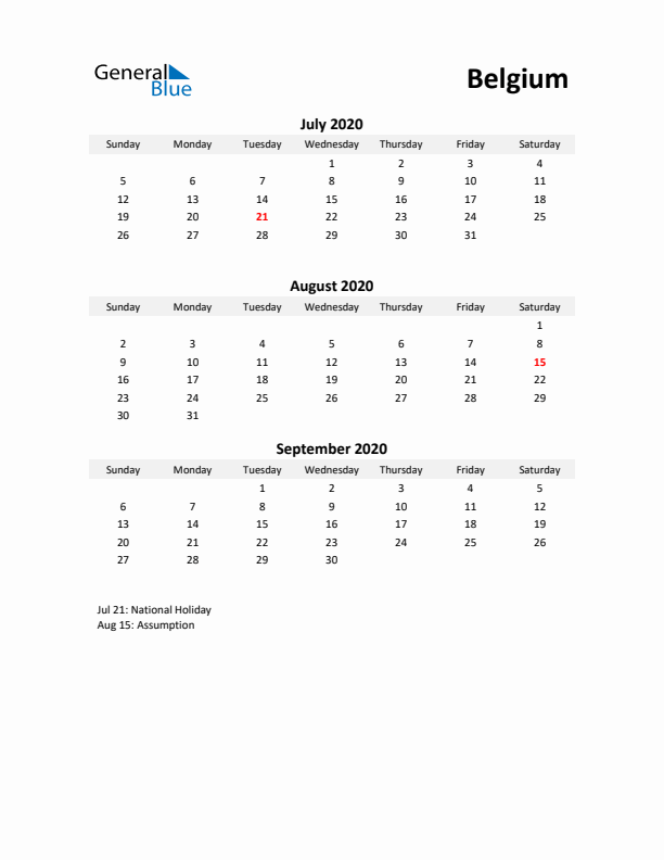 Printable Quarterly Calendar with Notes and Belgium Holidays- Q3 of 2020