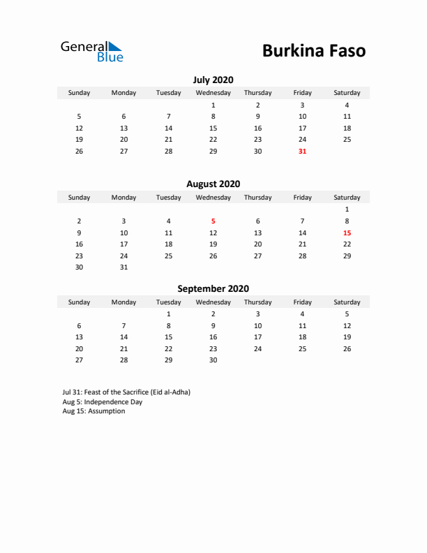 Printable Quarterly Calendar with Notes and Burkina Faso Holidays- Q3 of 2020