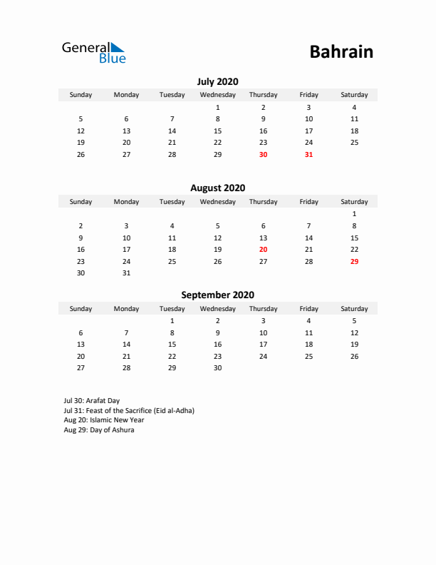 Printable Quarterly Calendar with Notes and Bahrain Holidays- Q3 of 2020