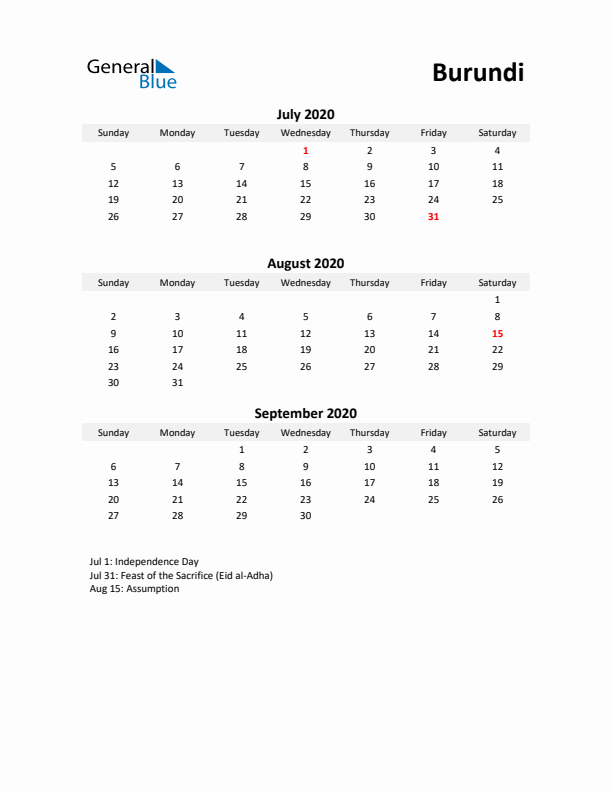 Printable Quarterly Calendar with Notes and Burundi Holidays- Q3 of 2020