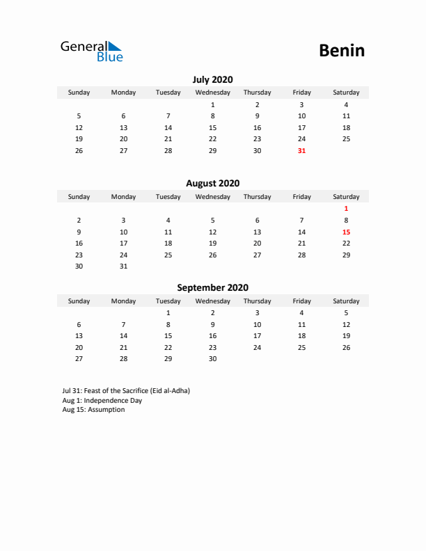 Printable Quarterly Calendar with Notes and Benin Holidays- Q3 of 2020