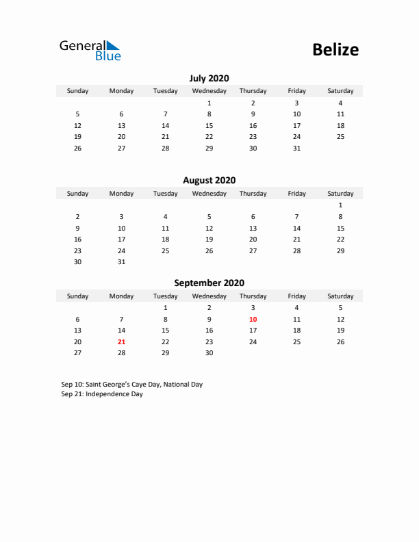 Printable Quarterly Calendar with Notes and Belize Holidays- Q3 of 2020