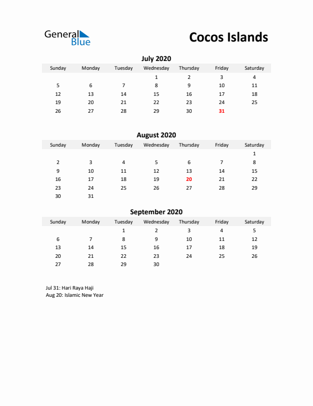 Printable Quarterly Calendar with Notes and Cocos Islands Holidays- Q3 of 2020