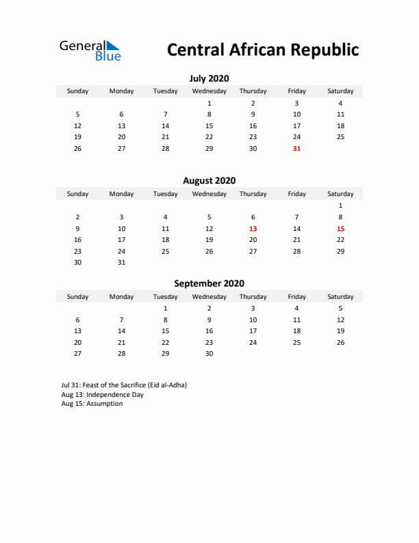 Printable Quarterly Calendar with Notes and Central African Republic Holidays- Q3 of 2020