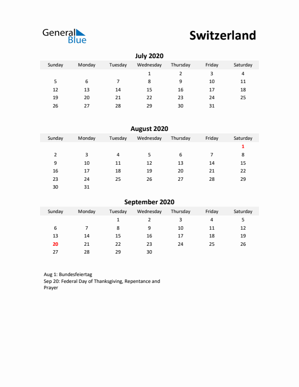 Printable Quarterly Calendar with Notes and Switzerland Holidays- Q3 of 2020