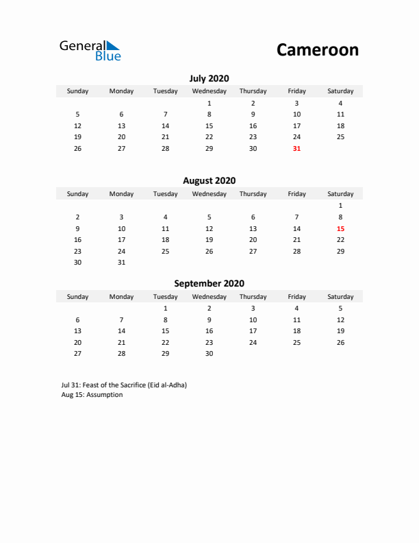 Printable Quarterly Calendar with Notes and Cameroon Holidays- Q3 of 2020