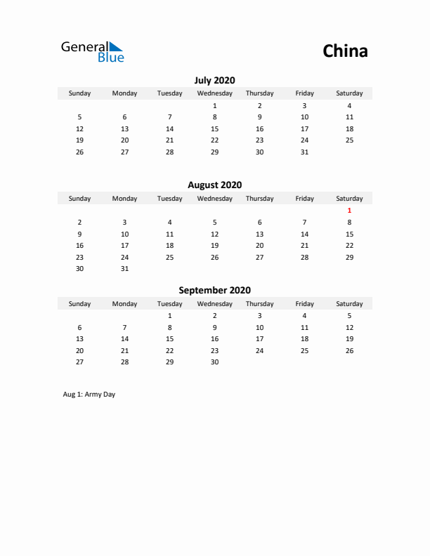 Printable Quarterly Calendar with Notes and China Holidays- Q3 of 2020