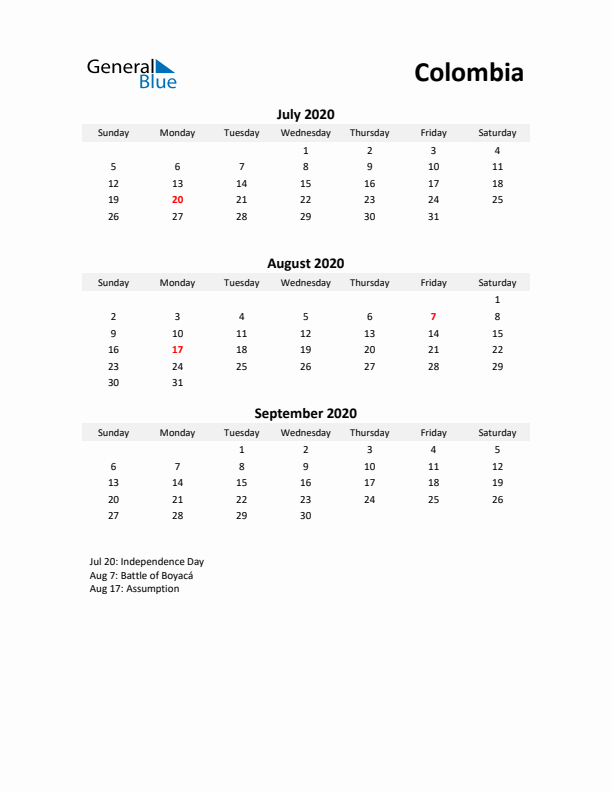 Printable Quarterly Calendar with Notes and Colombia Holidays- Q3 of 2020