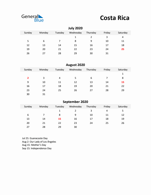 Printable Quarterly Calendar with Notes and Costa Rica Holidays- Q3 of 2020