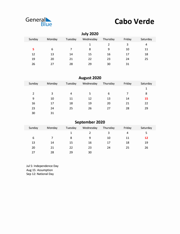 Printable Quarterly Calendar with Notes and Cabo Verde Holidays- Q3 of 2020