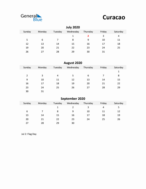 Printable Quarterly Calendar with Notes and Curacao Holidays- Q3 of 2020