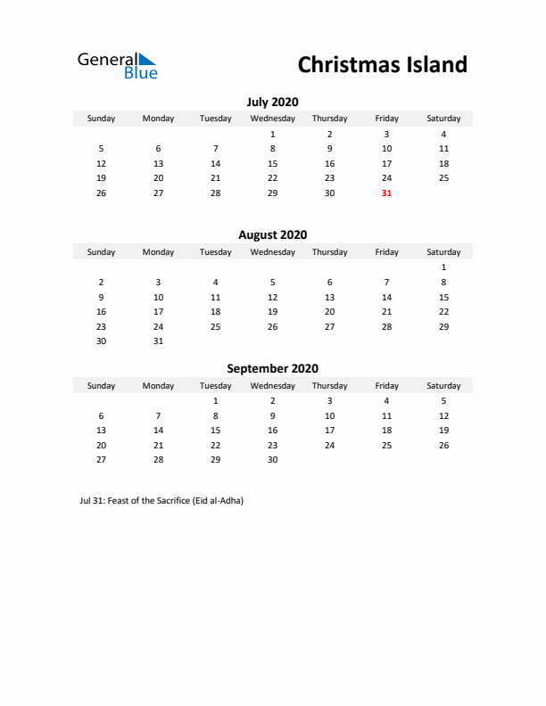 Printable Quarterly Calendar with Notes and Christmas Island Holidays- Q3 of 2020