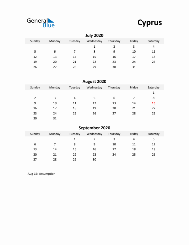 Printable Quarterly Calendar with Notes and Cyprus Holidays- Q3 of 2020