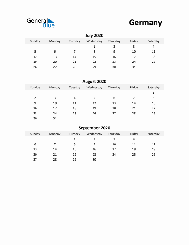 Printable Quarterly Calendar with Notes and Germany Holidays- Q3 of 2020